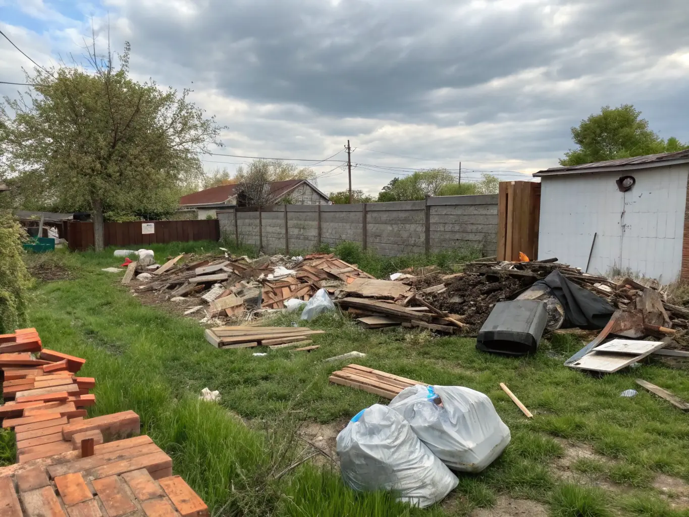 A wide shot of a residential backyard being cleared of overgrown bushes and scattered debris by a landscaping crew, emphasizing the transformation from cluttered to clean.