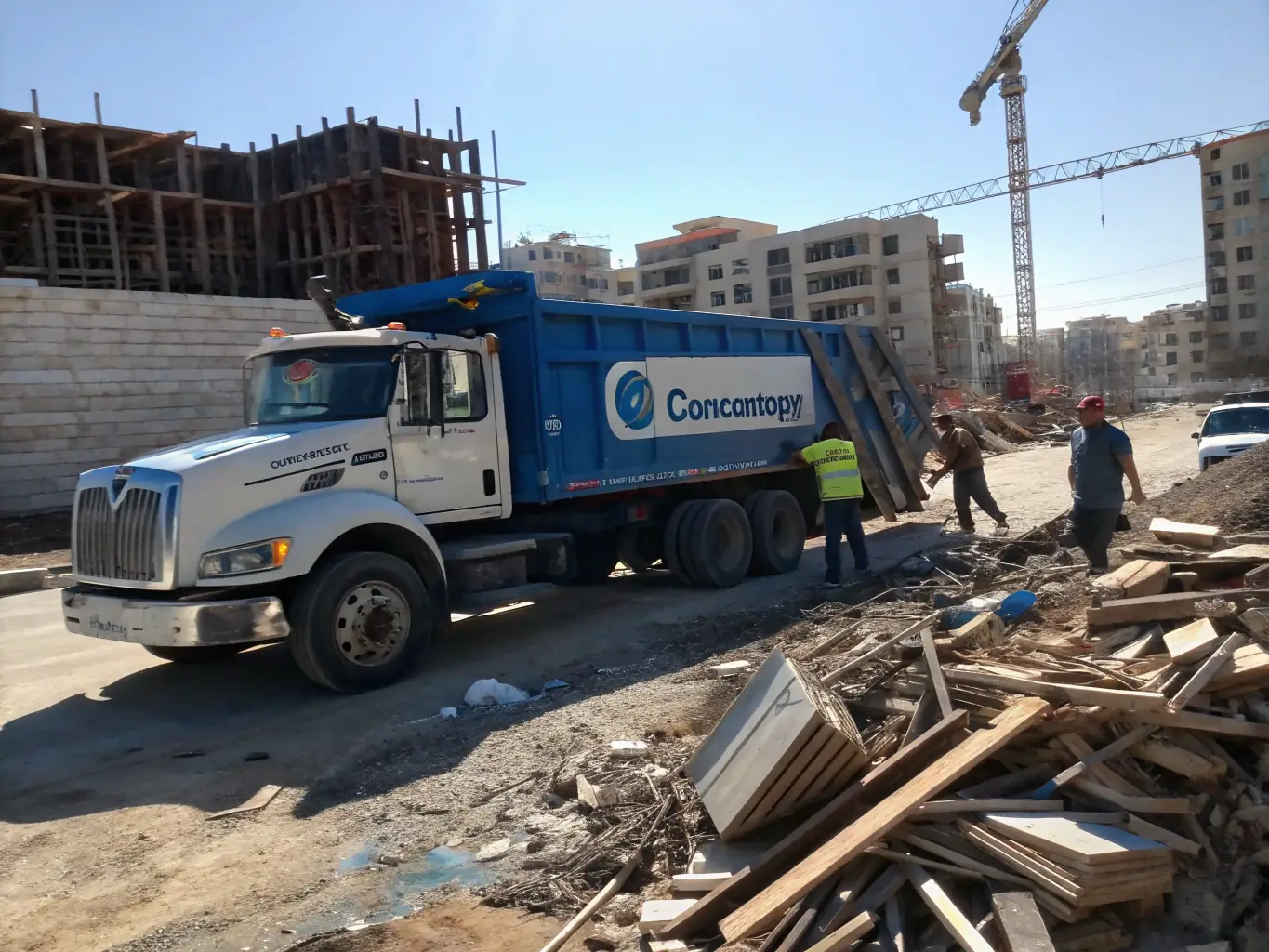 A photo of construction debris being loaded into a 3 Brothers Trash and Junk Removal truck, highlighting the company's ability to handle large-scale cleanups.
